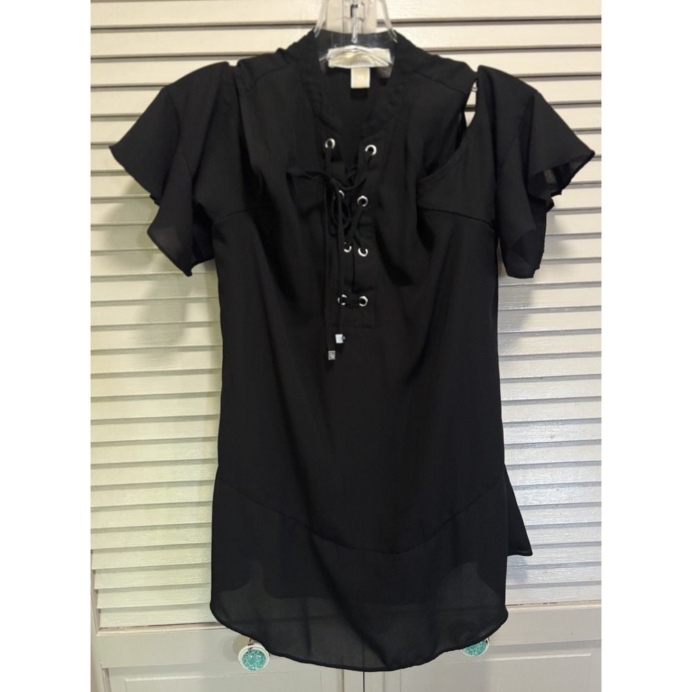 Michael‎ Kors Cold Shoulder Sheer Chiffon Blouse Size XS Lace Up Front Ruffle